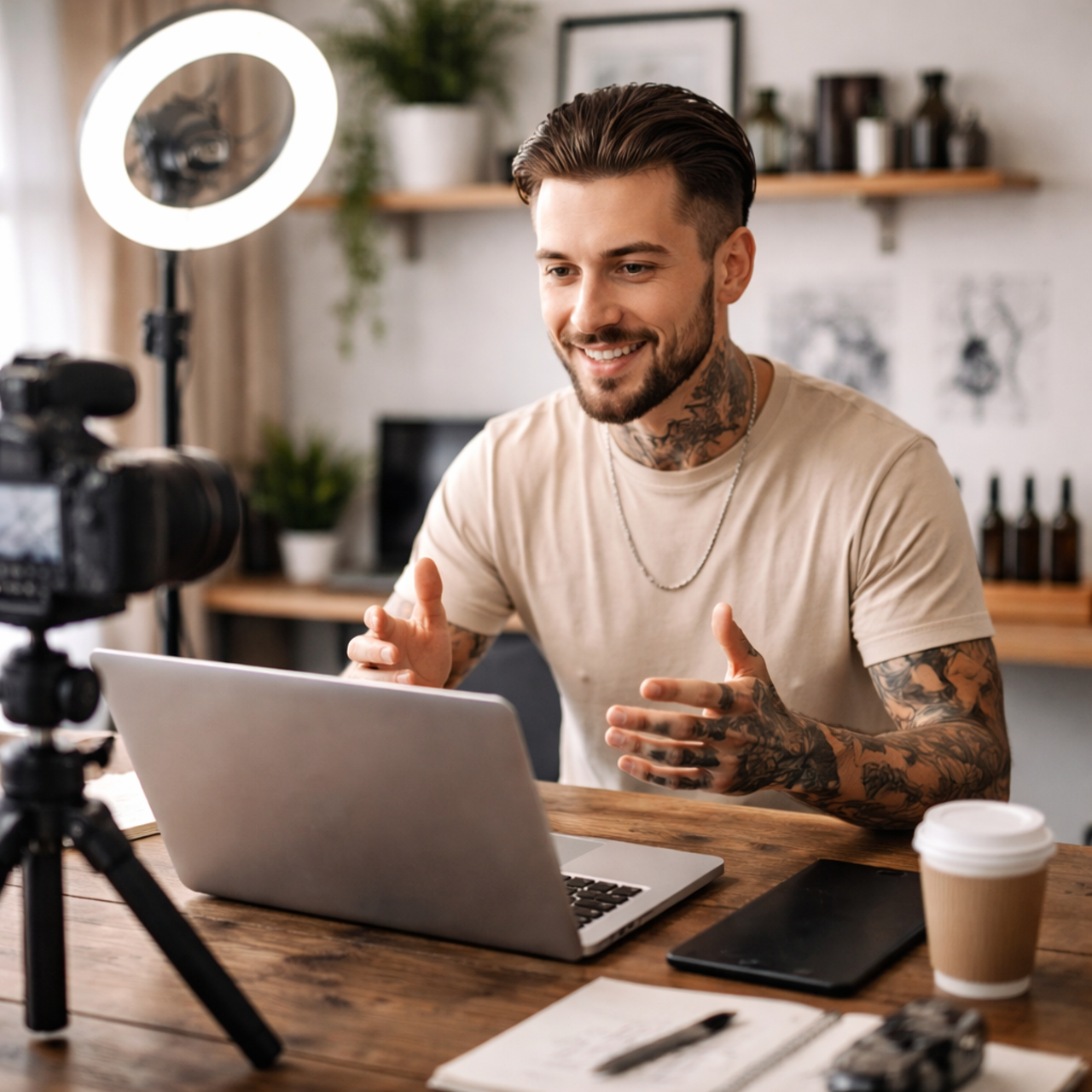 Man creating an online course using a laptop and ring light
